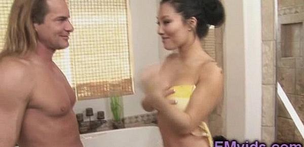  Cute Asa Akira stroking long cock under shower